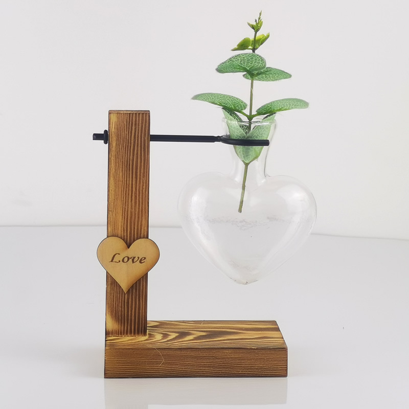 Creative love hydroponic transparent glass vase wooden dry flower flower arrangement container desktop decoration ornaments wooden frame vase