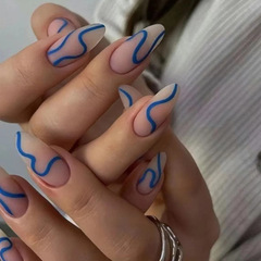 Matte Texture Almond Nails, Simple Pure Desire Sea Blue Striped Fresh and Natural Wearable Nails, Artificial Nails