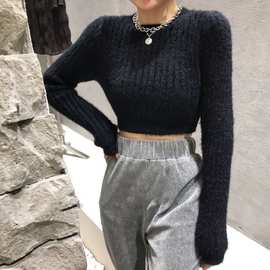 短款毛衣女秋冬新款白色修身仿马海毛外穿毛绒针织衫长袖上衣潮