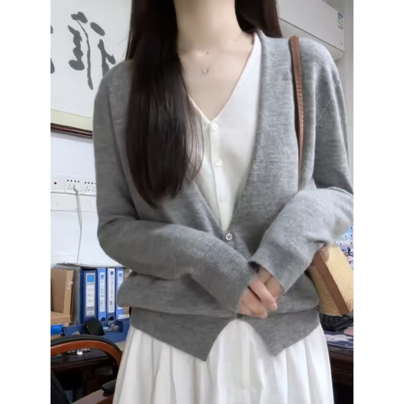 灰色V领假两件毛衣女早秋新款韩系宽松慵懒百搭高级感针织衫上衣|undefined
