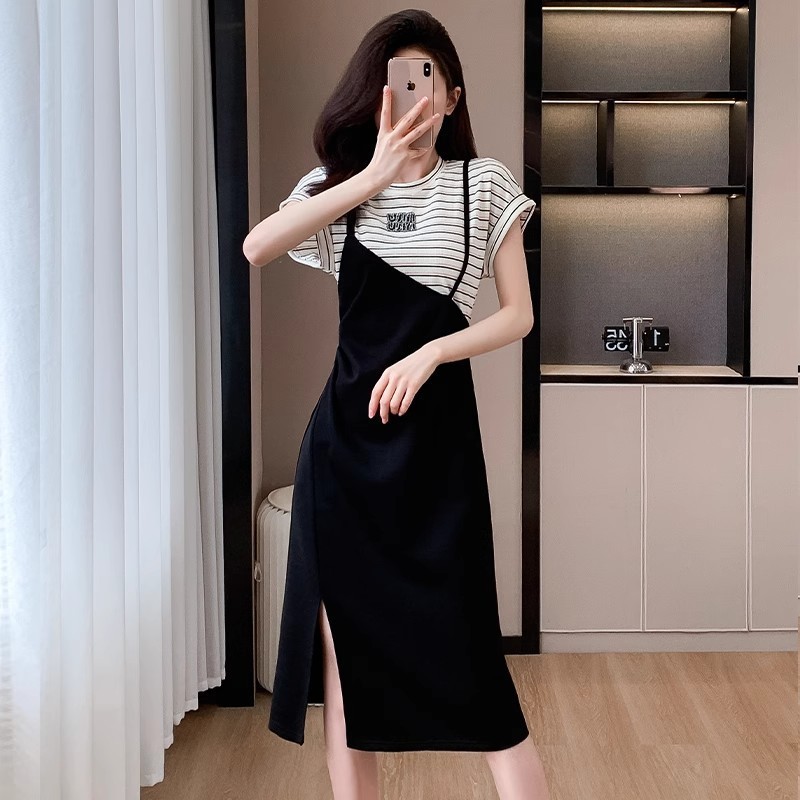 女性用フレンチフェイクツーピースドレス、夏の新しい大きいサイズ、ファッショナブルでおしゃれなお腹カバー、スリムでカジュアルなスリットロングスカート|undefined