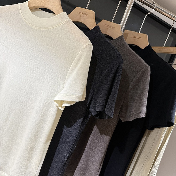 Elegant Half-High Collar, Ultra-Fine Wool, Stretchy Thin Short-Sleeve Stylish Workwear Knit T-Shirt Elegant Half-High Collar, Ultra-Fine Wool, Stretchy Thin Short-Sleeve Stylish Workwear Knit T-Shirt