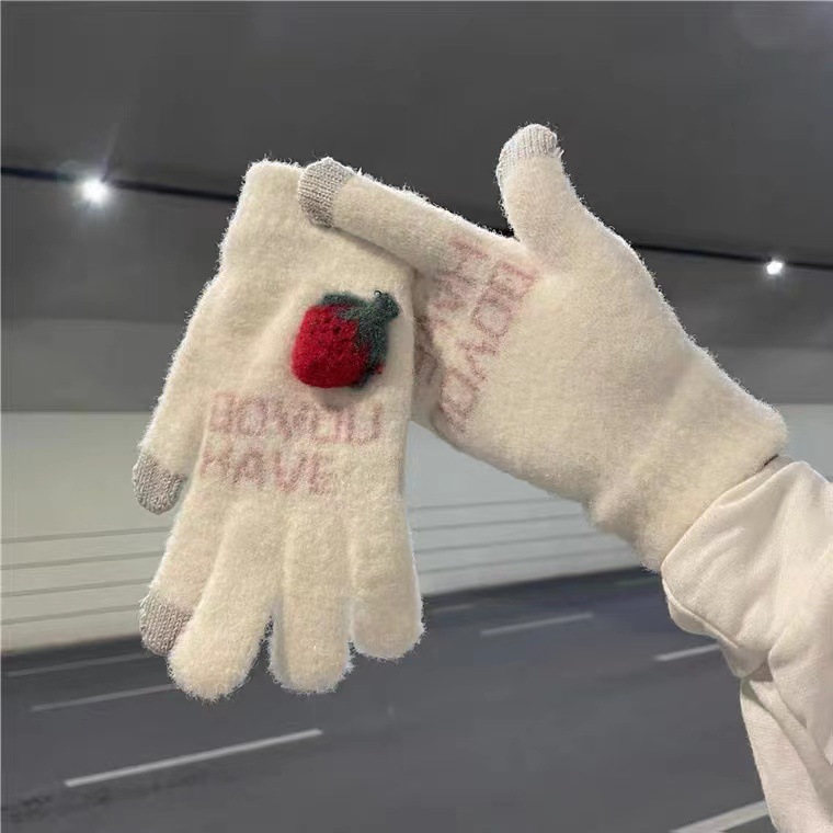Guantes de punto con dedo, invierno, linda mujer, fresa más terciopelo, calidez, protección contra el frío, ciclismo, estudiantes, a prueba de viento, pantalla táctil