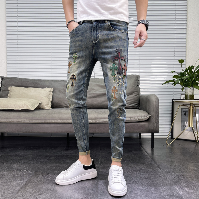 2024 Autumn New Fashion Trend Leather Label Embroidered Jeans Men's Trendy High Street Slim Fit Personality Pants
