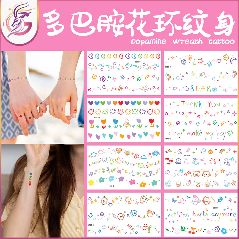 Cross-border dopamine wreath tattoo small fresh love flower color wrist finger cute waterproof tattoo stickers