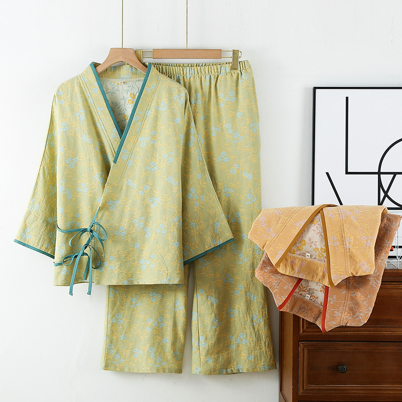 色织提花和服款睡衣套装四季薄款长袖长裤棉质双层纱布日式家居服