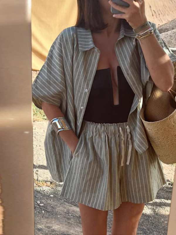 Cross-Border European and American Summer Cotton and Linen Striped Shirt Pocket Shorts Loose Casual Set for Women Ntz6010 Cross-Border European and American Summer Cotton and Linen Striped Shirt Pocket Shorts Loose Casual Set for Women Ntz6010