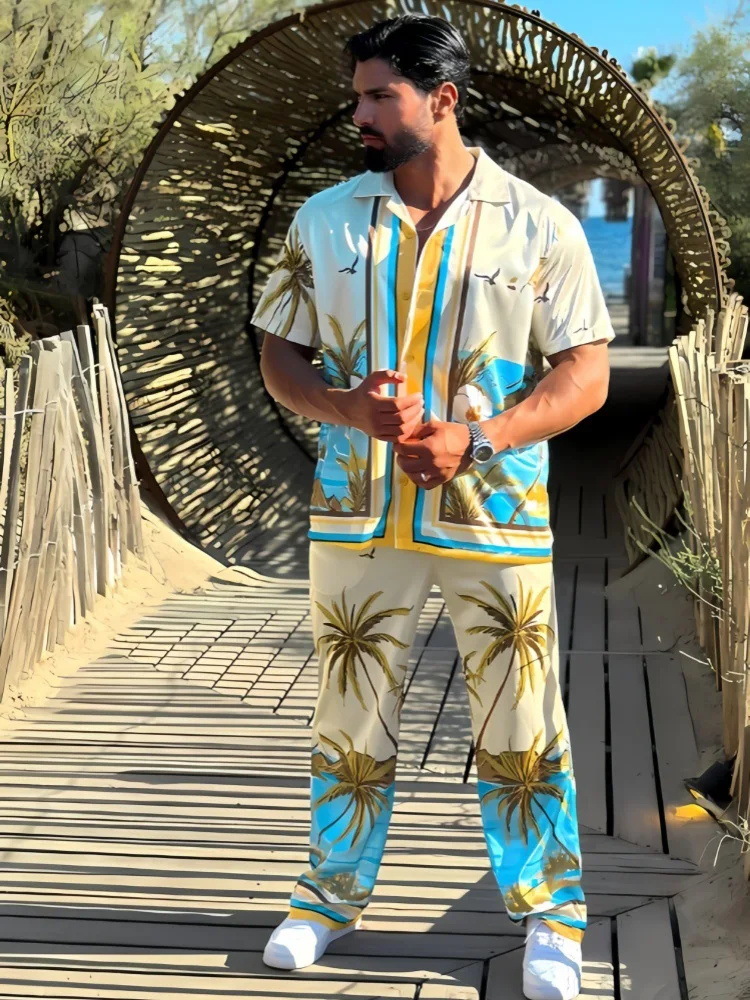 Traje de pantalones de manga corta con cuello cubano cómodo de estilo casual de vacaciones junto al mar hawaiano para hombre MB5-MR10