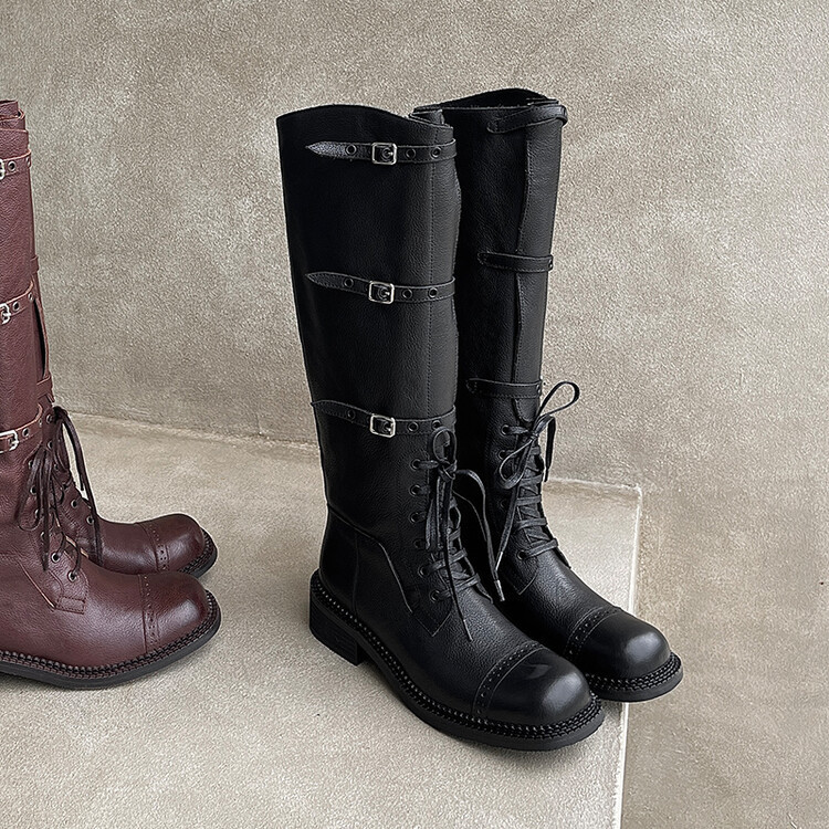 Rider Boots with Belt Buckle Women's High Boots Autumn and Winter New Cowhide Round Head Mid-Heel Knee-High Straight Boots Women's Boots