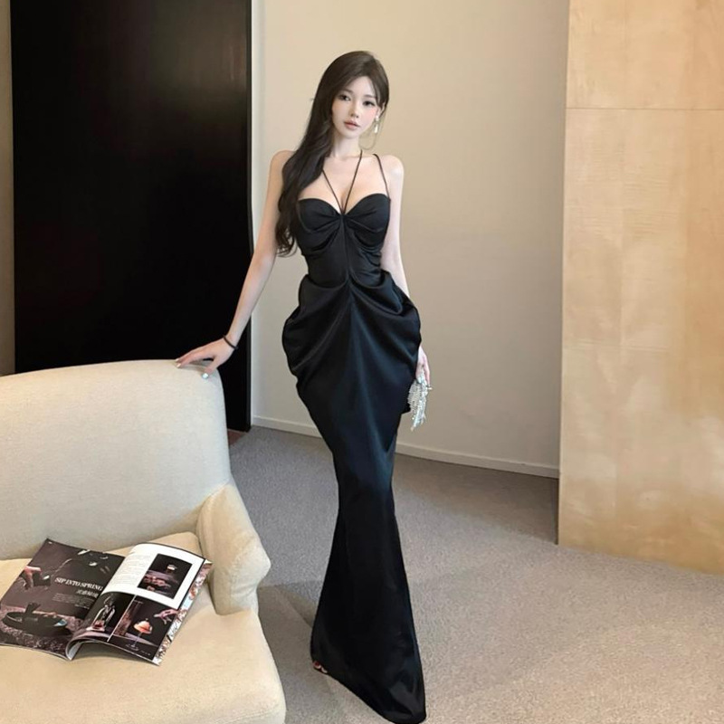 5928 Cross-Border Export Women's Clothing Wholesale Southeast Asian Satin French Backless Evening Dress Long Royal Sister Dress for Women