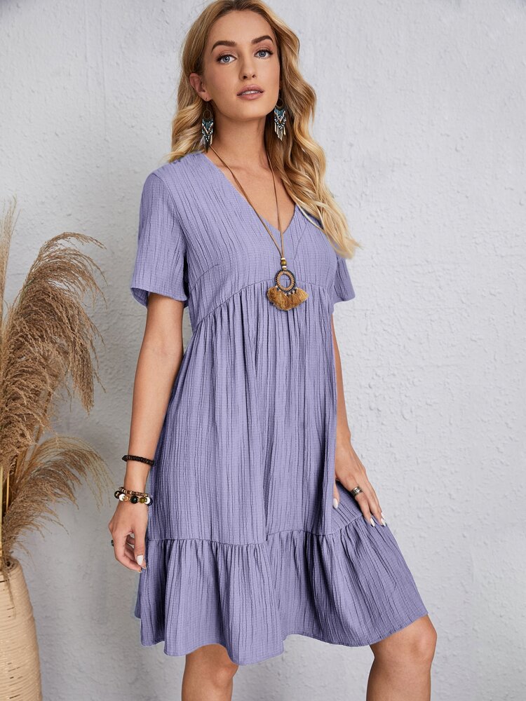 Elegant Solid Color V Neck Short Sleeve Pleated Dresses Knee-Length Regular Dress