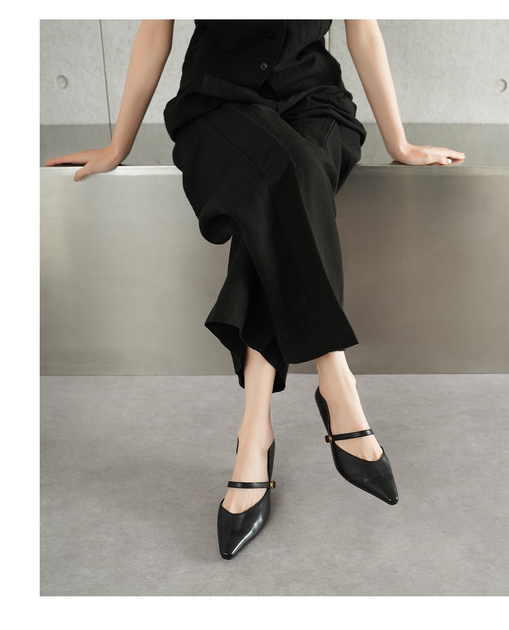 Sandal cao gót nữ quai ngang mũi nhọn da bò cổ điển gót 9 cm — đen chi tiết 10
