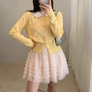 韩系甜美千金穿搭撞色减龄娃娃领针织开衫女早秋新款百搭短款上衣