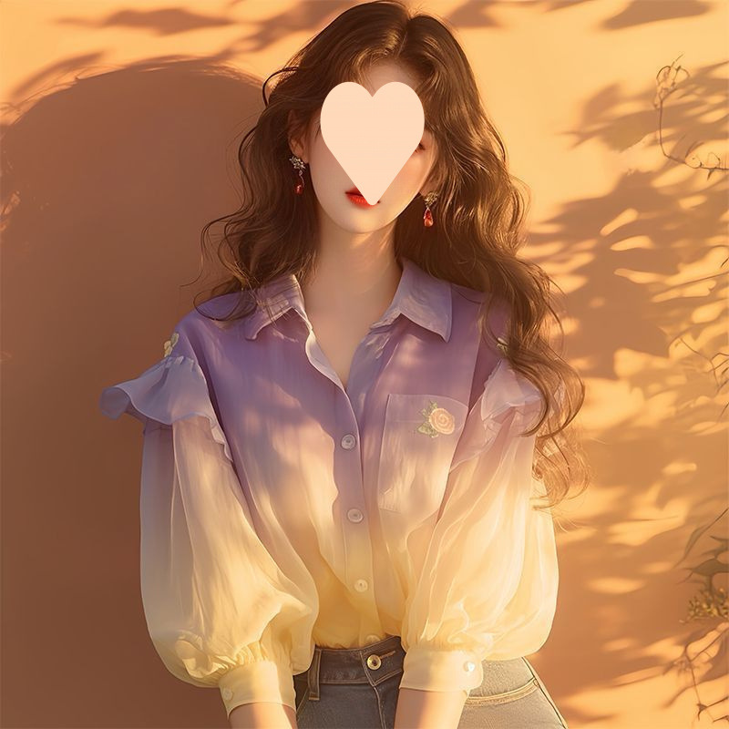 여성을위한 보라색 쉬폰 셔츠 가을 의류 2024 새로운 틈새 독특하고 세련된 퍼프 슬리브 그라데이션 대비 컬러 탑