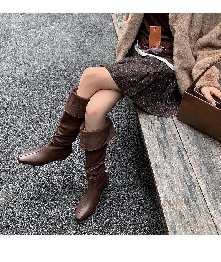 Boot nữ cổ cao quá gối da thật mũi vuông gót xuồng tăng chiều cao — màu nâu, màu đen chi tiết 21
