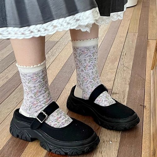 Purple floral patterned ankle socks for girls, autumn series cute white bow ankle socks, sweet retro lace socks