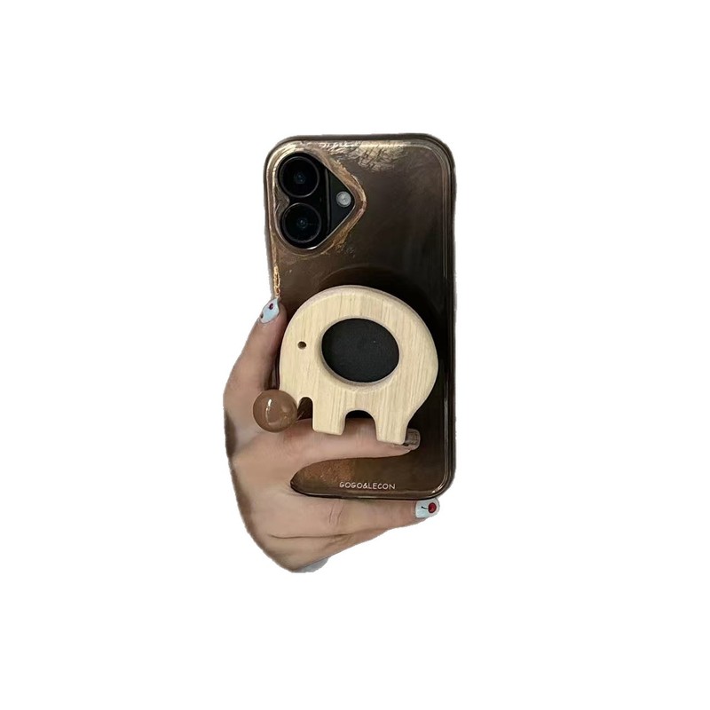 复古晕染棕木质小象支架适用iPhone17promax苹果16手机壳15新款14|undefined
