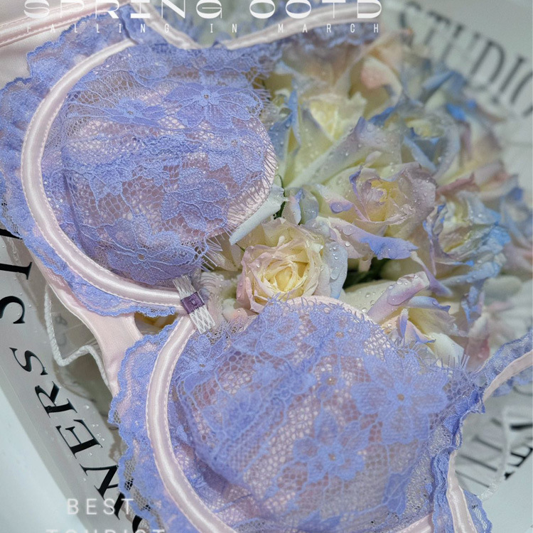 6891 Conjunto de ropa interior de encaje de pétalos franceses, orejas de conejo ligeras, pecho transpirable, pequeño sujetador de anillo de acero con memoria