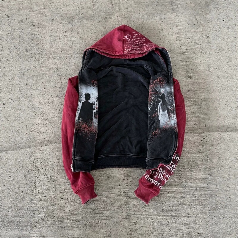 American-style dark vintage portrait print hoodie, unisex, red lined, reversible couple's hoodie, wholesale