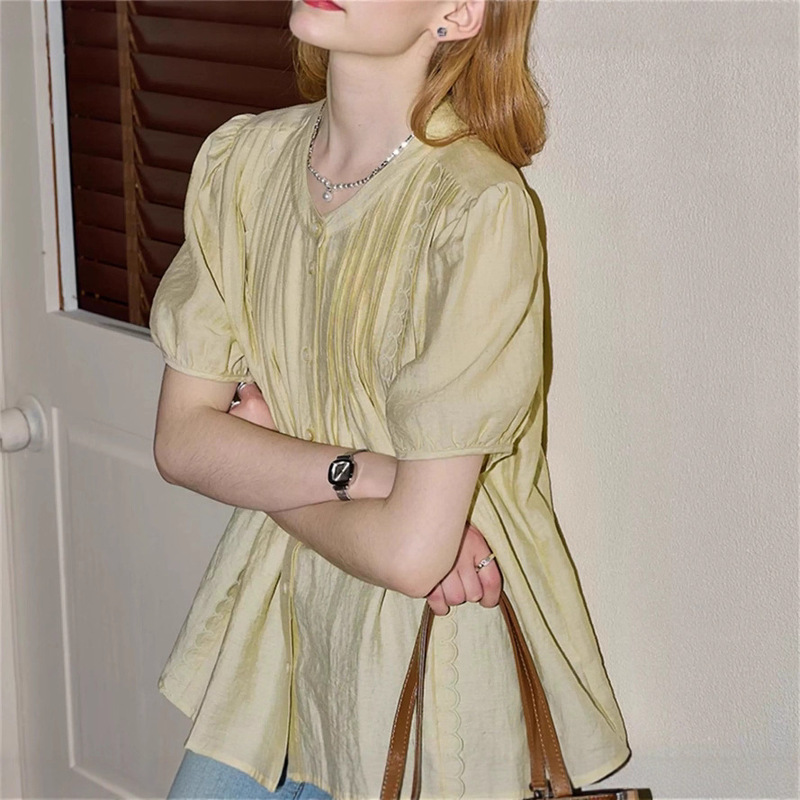 Kunmaui First Love Goose Yellow Short Sleeve Shirt Women's 2025 Summer New Easiest for Match Age-Reducing Loose Shirt