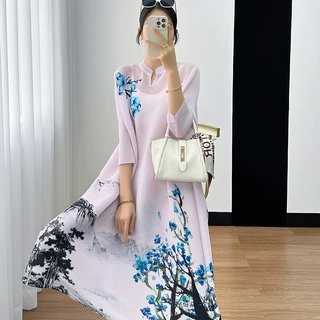 三宅2024年夏季新款女连衣裙印花V领七分袖高腰通勤高雅气质风
