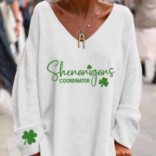 2024春季欧美跨境女士卫衣幸运三叶草3D印花女装V领长袖短款上衣