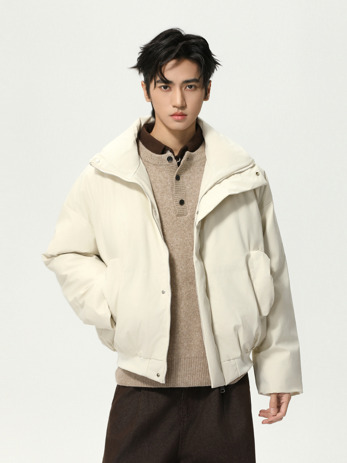 MTLCLOTHES Hombres| Calentamiento corto de cuello vertical ropa de pan de color sólido suelta piel PU moda versátil ropa de algodón