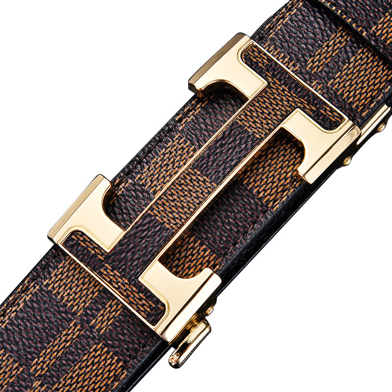 Cinturón de Cuero Genuino de Dos Capas para Hombre, Estampado de Cuadros, Hebilla Automática, Estilo Casual de Lujo