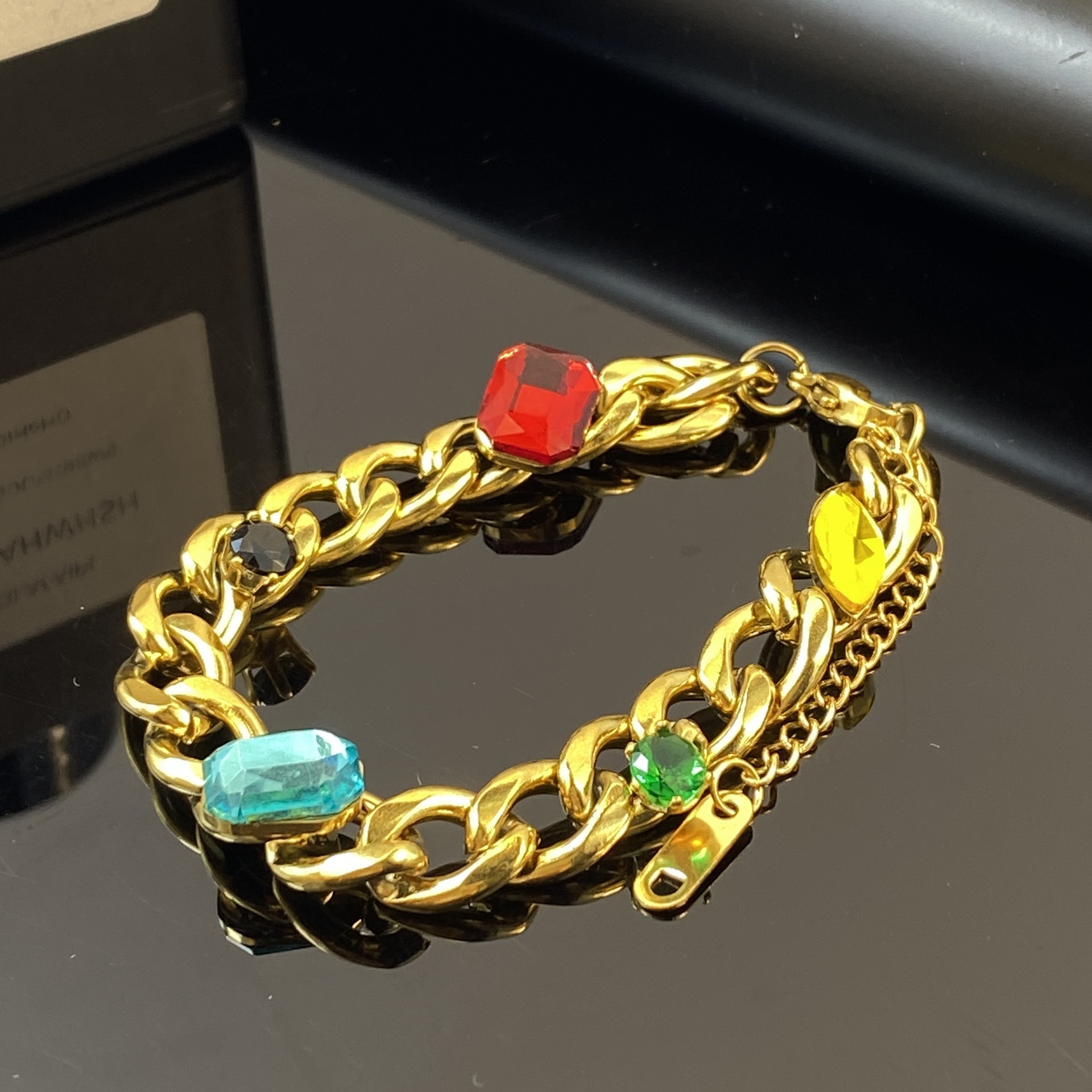 Pulsera de acero de titanio con gemas de alta calidad de estilo callejero americano, preservación del color, hip-hop cubano, cadena gruesa, par, pulsera de todo fósforo