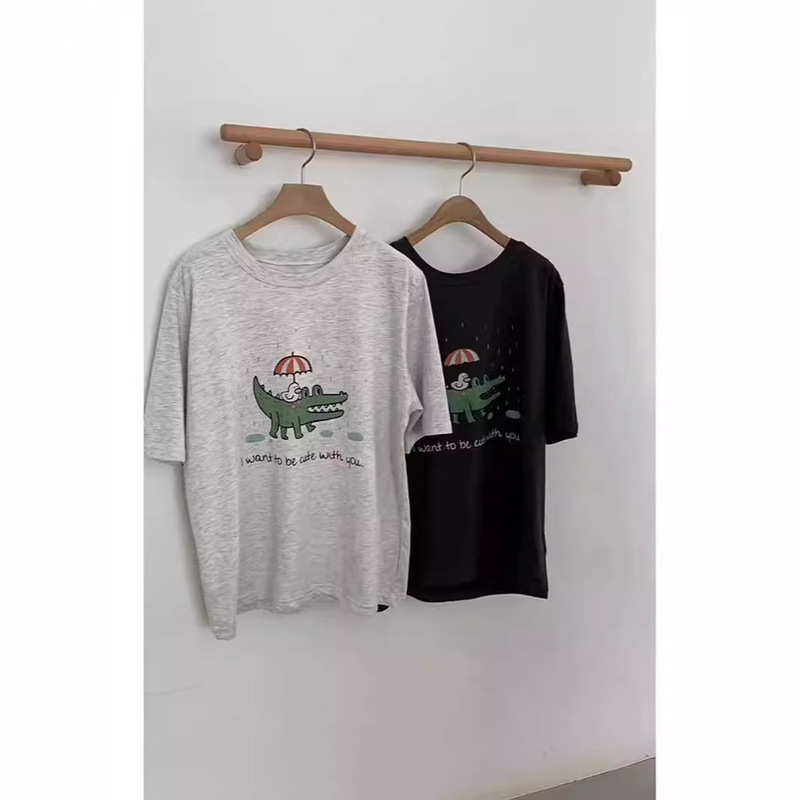 South Korea Short-sleeved T-shirt Women's Summer Fat Girl's Crocodile Umbrella Printed Pure Cotton Trendy Brand Shoulder Wide Loose Slimming T-shirt