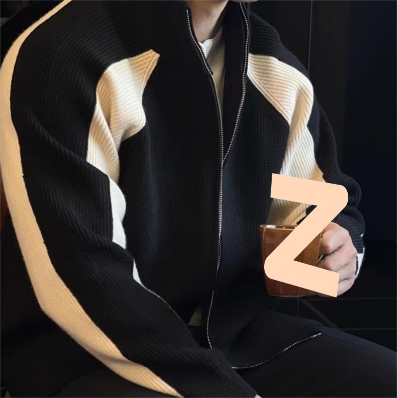 Strickpullover für Herbst und Winter, Herren-Cardigan mit kontrastierendem Reißverschluss, locker gestrickt_voghion.com