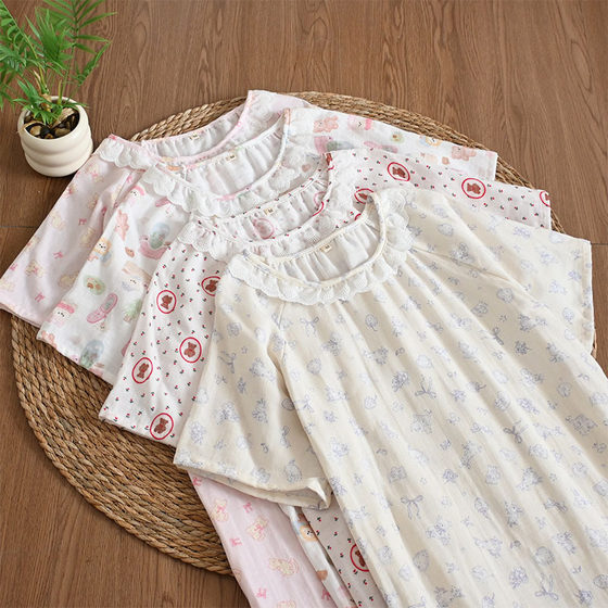 Baby Cotton Yarn Summer Thin Short-sleeved Nightdress Women's Lace Age-reducing Cartoon Breathable Sweat-absorbent Cotton Home Wear Nightdress