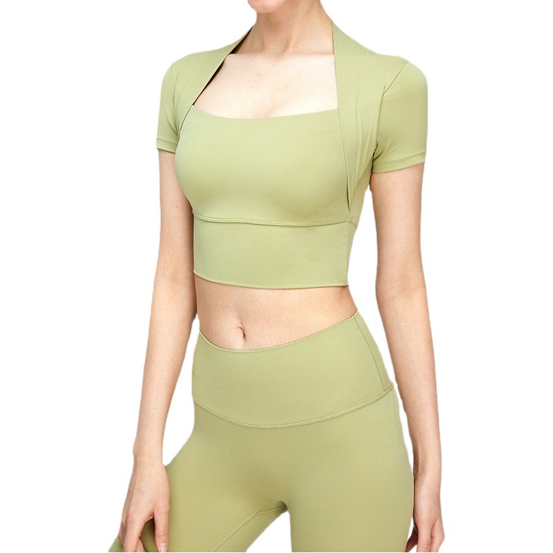 Nude Yoga superior de manga corta de las mujeres de la Copa fija ropa de fitness correr deportes camiseta de secado rápido transpirable ropa de yoga apretado