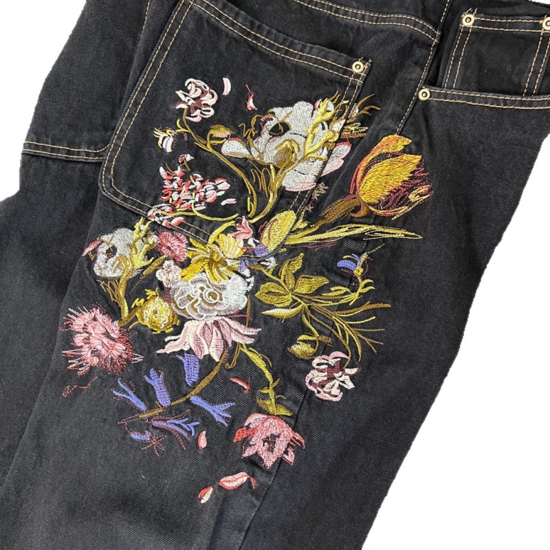 Derschutze retro europeo y americano nuevo estilo flor de la calle bordado jeans casual hombre y mujer pantalones rectos