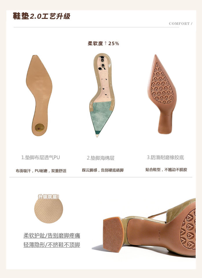 Sandal cao gót nữ mũi nhọn hở gót gót thô đính nơ phong cách công sở, gót 6–8 cm — Màu kaki, Màu xám bạc, màu đen chi tiết 6