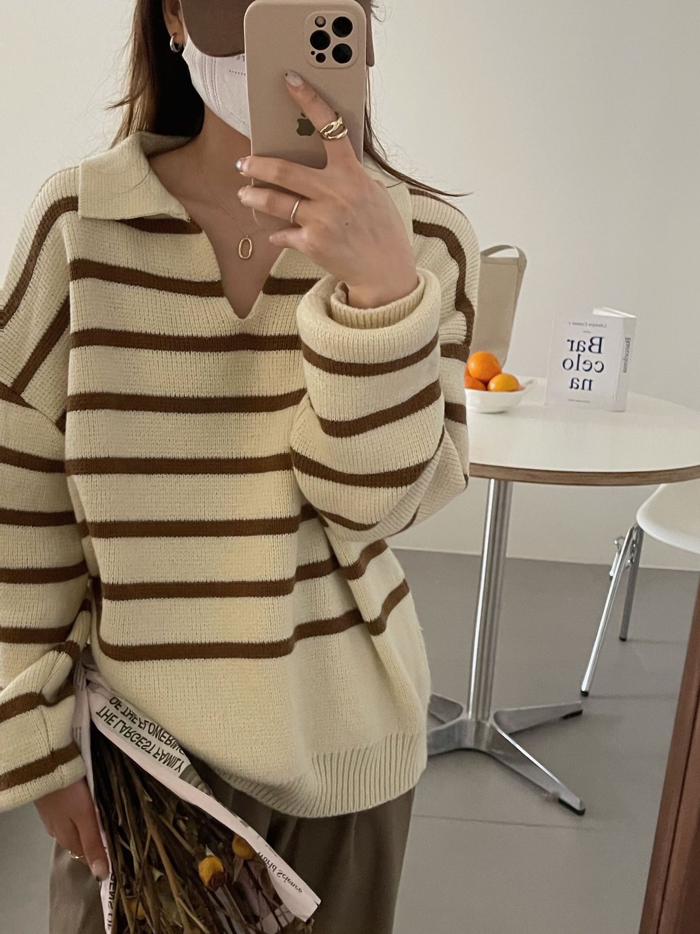 新款Polo领条纹毛衣女 慵懒风减龄套头针织衫宽松休闲撞色外套潮