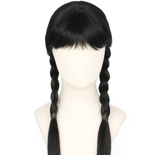 Tuesday Addams mother Addams black twin buns ponytail center part long straight hair Halloween cosplay wig