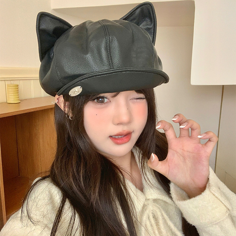 小众设计猫耳朵黑色贝雷帽女甜美可爱百搭大头围八角云朵报童帽子|undefined