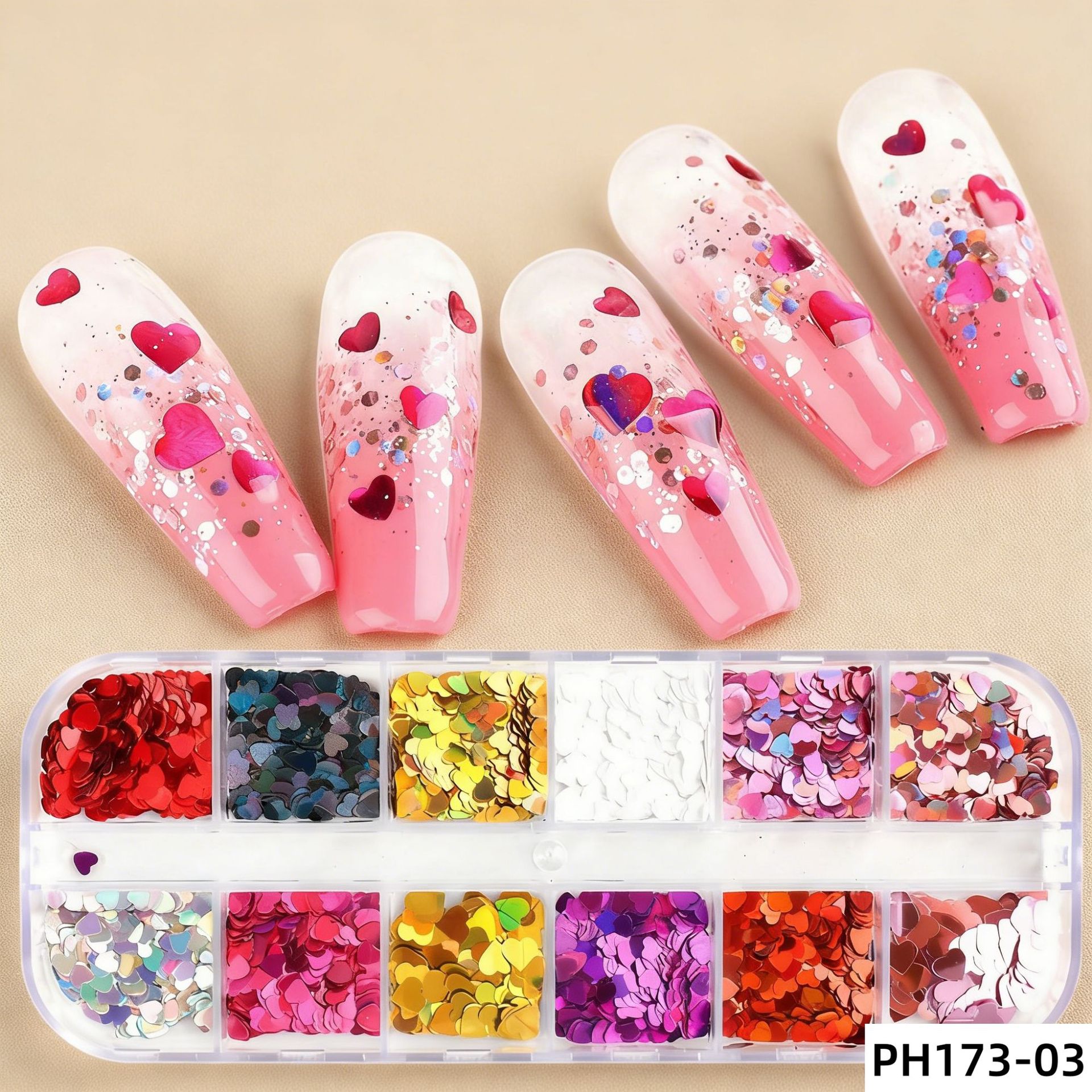 Cross-Border 12-Compartment Long Box Nail Art Sequins Pet Heart-Shaped Number Butterfly Nail Stickers Nail Art Materials Glitter Sequins