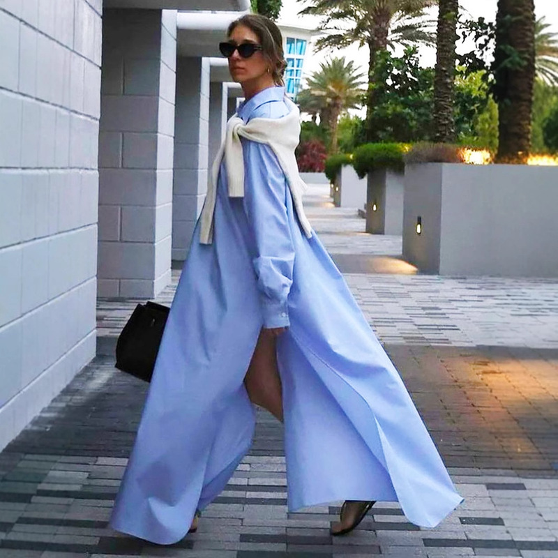 French Casual Fashion Lazy Loose Shirt Long Dress European and American Cross-border 2025 Spring and Summer Lapel Split dress Women French Casual Fashion Lazy Loose Shirt Long Dress European and American Cross-border 2025 Spring and Summer Lapel Split dress Women
