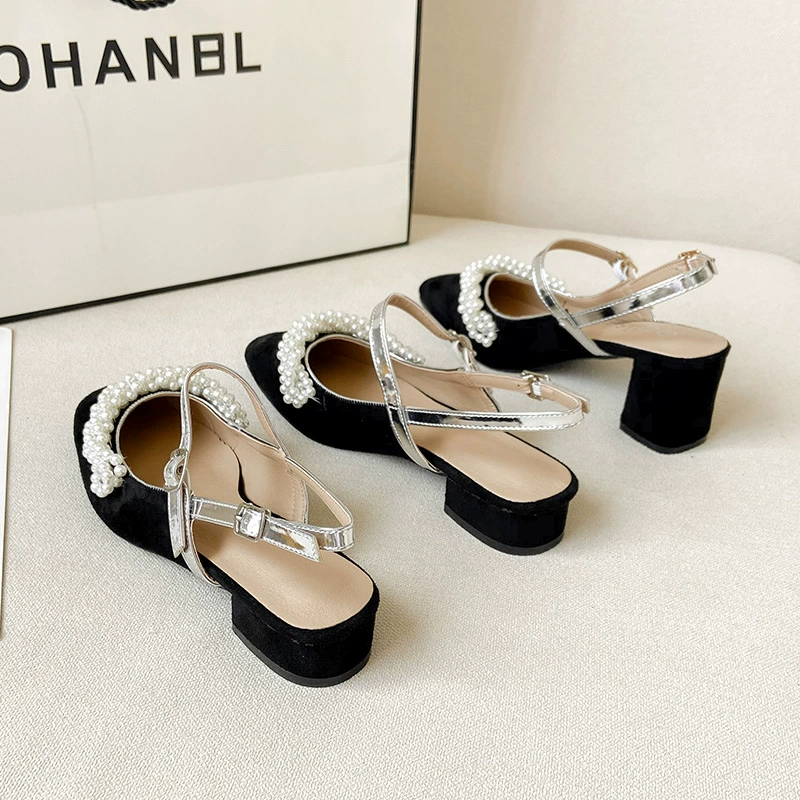 Французские женские туфли на высоком каблуке, лето 2022, Новое поступление, женская обувь с жемчугом, босоножки на толстом каблуке в сказочном стиле с бусинами и пряжкой