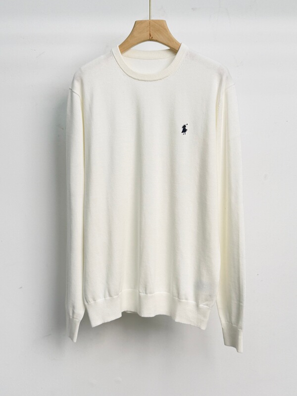 Men's Pony Embroidered Knitted Wool Round Neck Bottoming Shirt Merino Wool Fabric Size S