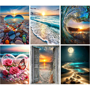New 6-Piece Set of 5D Flowers, Butterflies, Beach, Heart, Scenery, DIY Cross-Border Diamond Painting, Full Diamond Masonry Diamond Stickers
