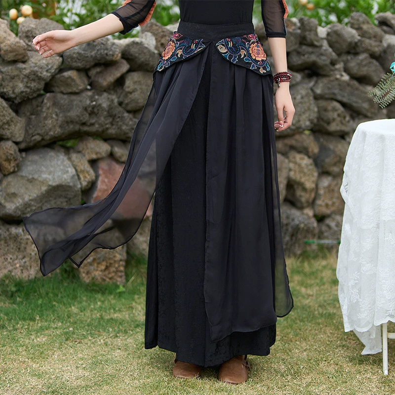 Женское Новое поступление в этническом стиле, тяжелая промышленность, вышивка, сетчатые широкие брюки, прямые брюки, винтажные художественные длинные брюки с высокой талией