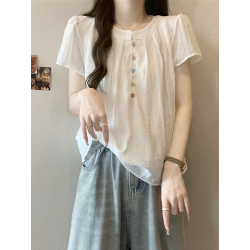 夏の新しいフレンチスタイルのルーズ、甘い、新鮮でファッショナブルなトップス、ベビードールシャツ、女性用無地半袖シャツ|undefined