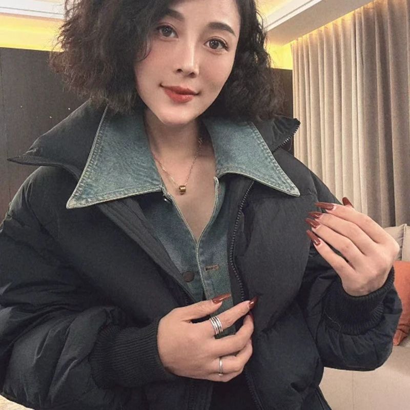 脱卸牛仔领短款棉服外套女2024冬季新款小个子假两件宽松百搭棉衣