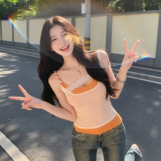 【260克人棉莫代尔】撞色假两件拼接吊带背心蕾丝夏季修身上衣女