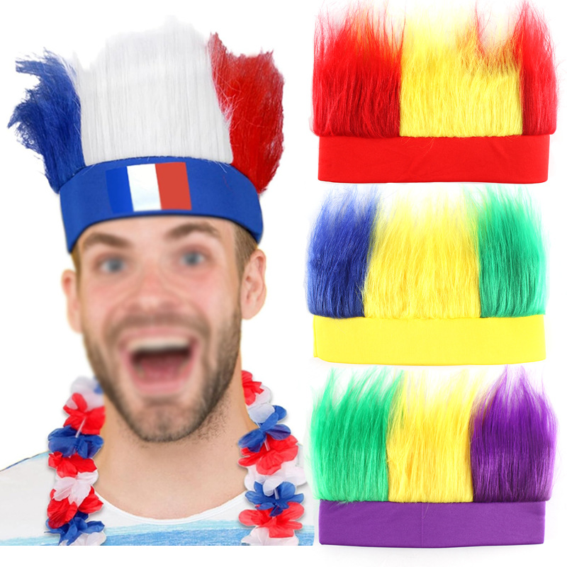 Transfronterizos para fanáticos de colores pelucas apoyos de la Copa del Mundo para adultos fuente especial fabricantes en stock al por mayor