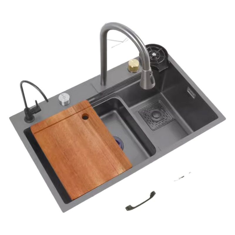 Cocina de acero inoxidable fregadero caliente y frío tire volar lluvia cascada salida de agua de tres modos de un solo agujero grifo del fregadero
