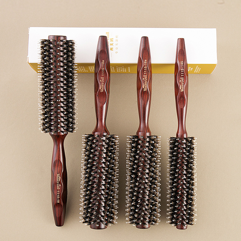 Professional Salon Boar Bristle Round Barrel Curling Comb for Curly Hair, Inward Curl Styling Comb for Women, Home Use Wooden Comb